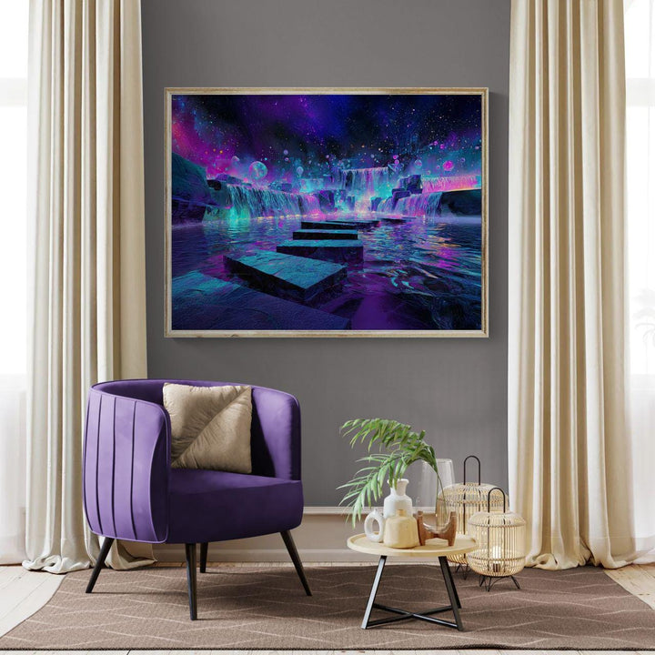 Fantasy waterfall wall art showing luminous neon pools, cascading glowing waterfalls, and a surreal cosmic dreamscape in vibrant purples, blues, and pinks.