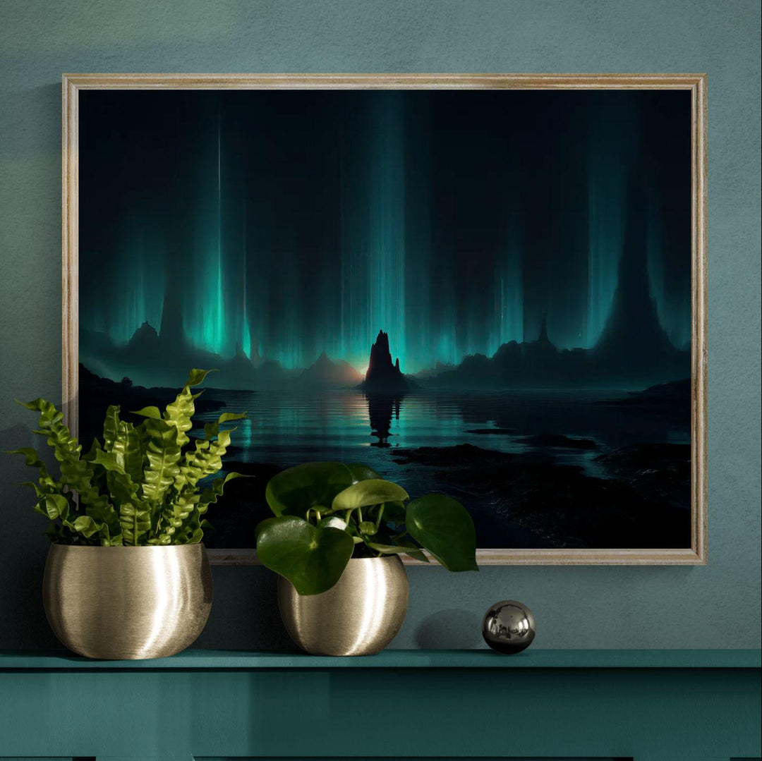 Sci fi wall art showing a glowing cosmic horizon, alien landscape, reflective water, and towering beams of futuristic light