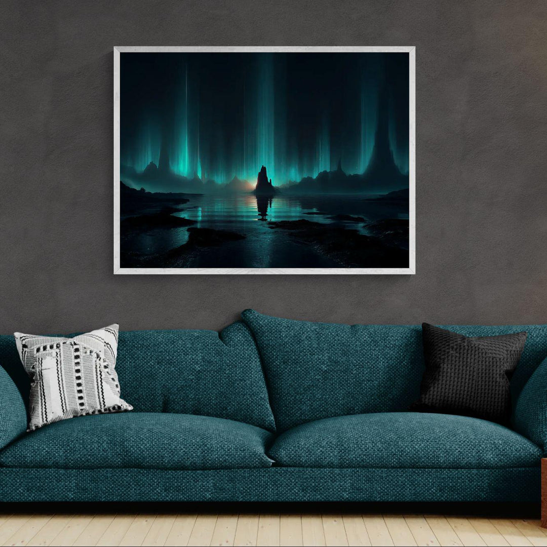 Sci fi wall art showing a glowing cosmic horizon, alien landscape, reflective water, and towering beams of futuristic light
