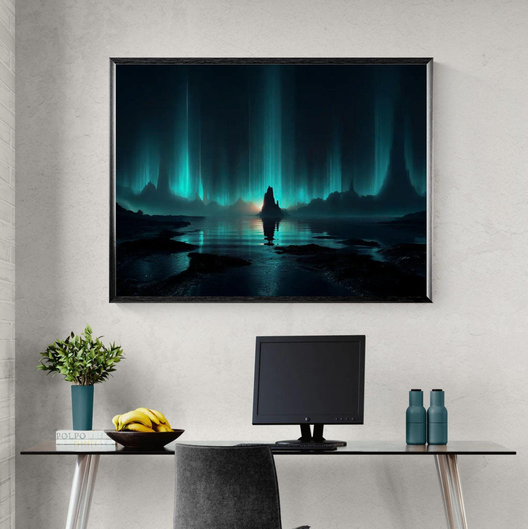 Sci fi wall art showing a glowing cosmic horizon, alien landscape, reflective water, and towering beams of futuristic light