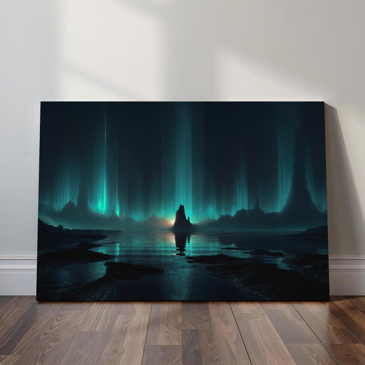 Sci fi wall art showing a glowing cosmic horizon, alien landscape, reflective water, and towering beams of futuristic light
