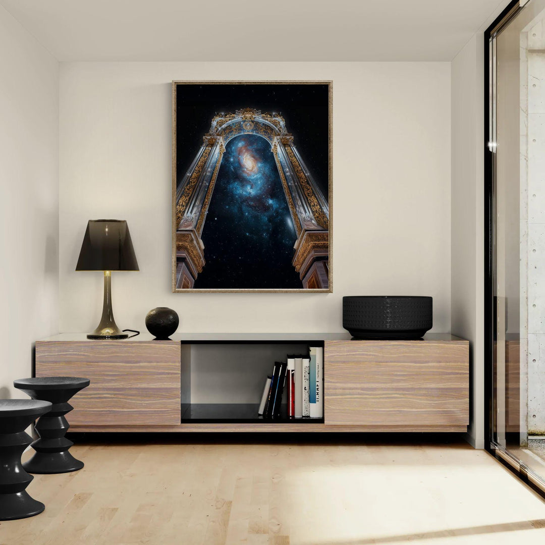 Cosmic wall art showing a gilded celestial archway framing a glowing galaxy filled with stars and cosmic light
