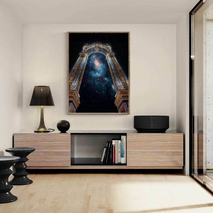 Cosmic wall art showing a gilded celestial archway framing a glowing galaxy filled with stars and cosmic light