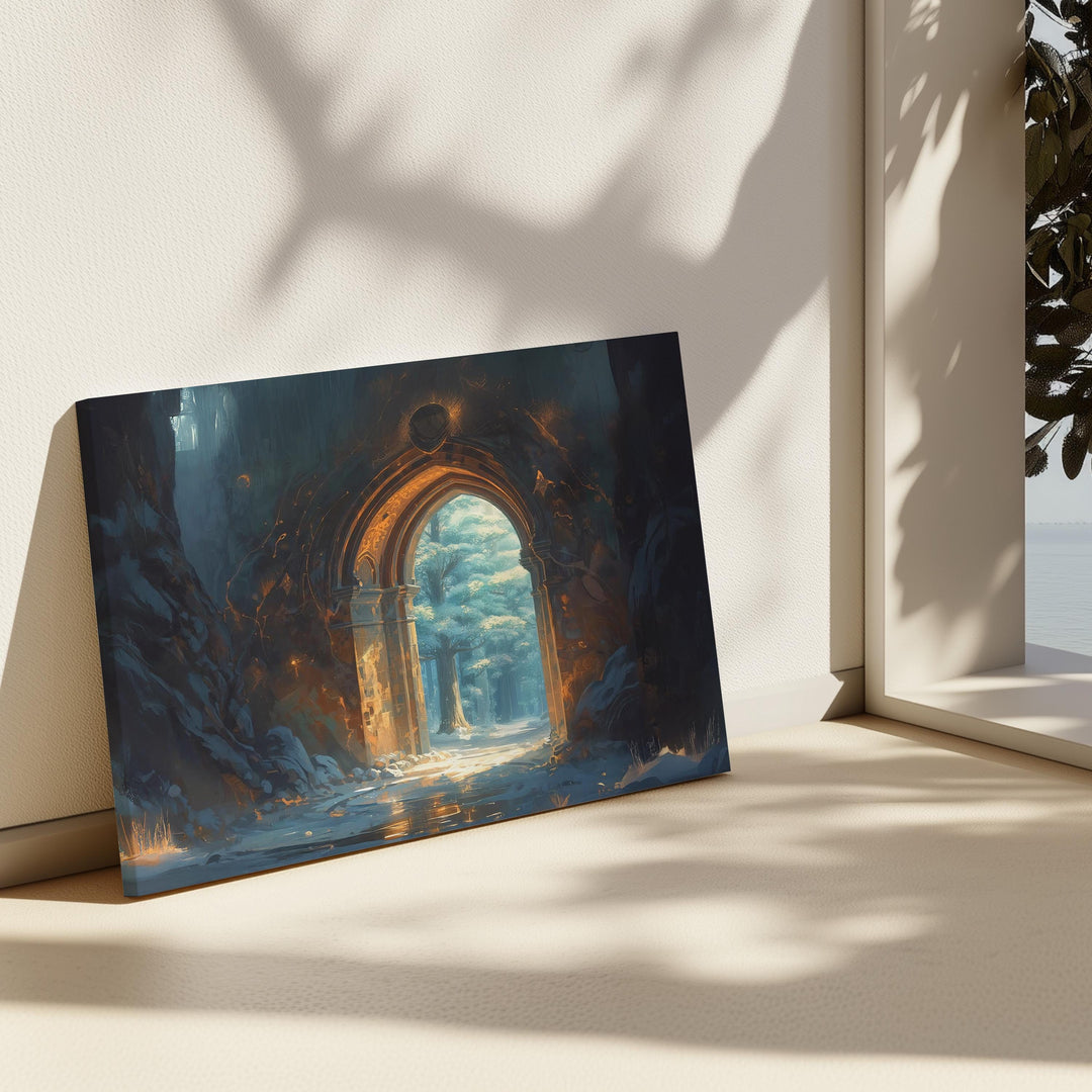 Enchanted archway wall art featuring a glowing stone portal leading into a peaceful forest filled with warm light and fantasy atmosphere