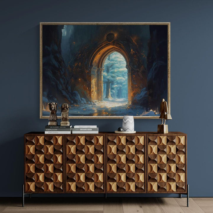 Enchanted archway wall art featuring a glowing stone portal leading into a peaceful forest filled with warm light and fantasy atmosphere