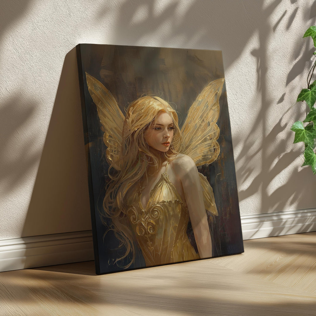 Golden fairy wall art showing a softly painted winged figure with golden wings, elegant dress, and warm magical atmosphere