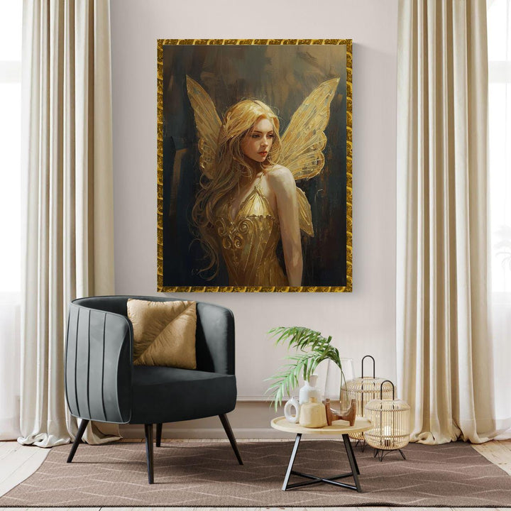 Golden fairy wall art showing a softly painted winged figure with golden wings, elegant dress, and warm magical atmosphere