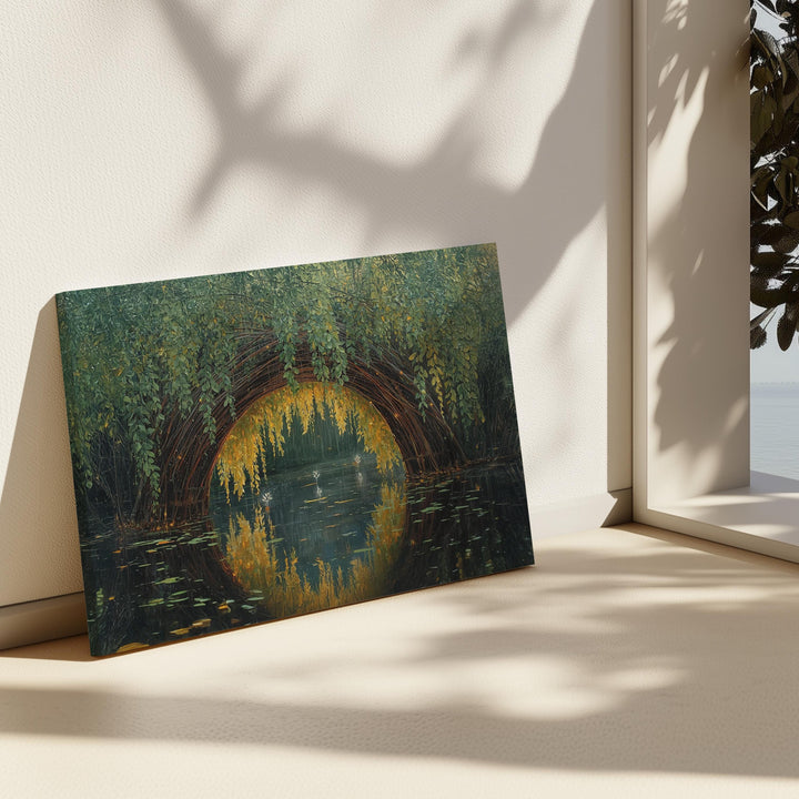 Dreamy fantasy wall art showing a woven willow arch over still water, glowing with soft light and painterly reflections in a serene magical landscape.
