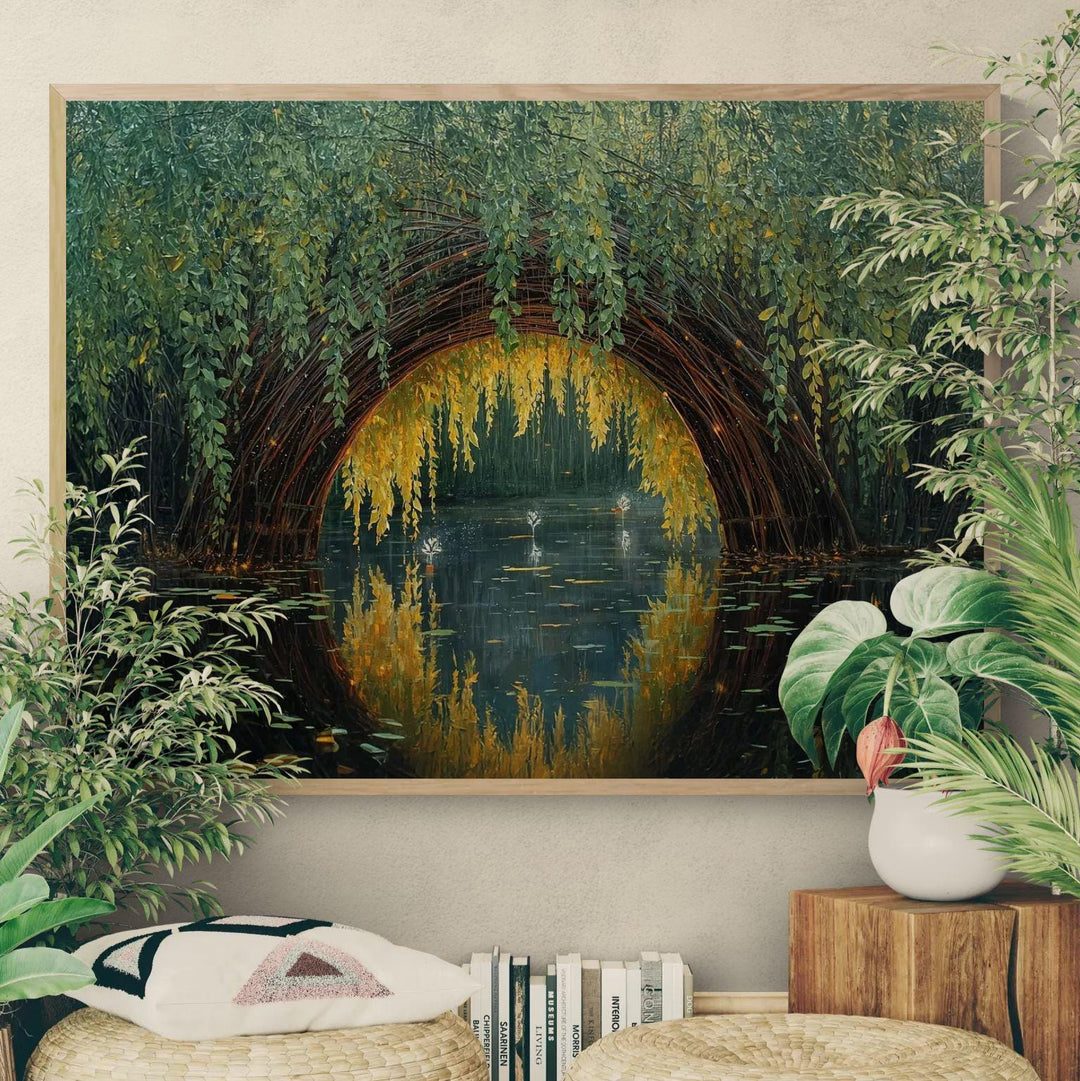 Dreamy fantasy wall art showing a woven willow arch over still water, glowing with soft light and painterly reflections in a serene magical landscape.