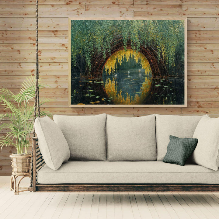 Dreamy fantasy wall art showing a woven willow arch over still water, glowing with soft light and painterly reflections in a serene magical landscape.