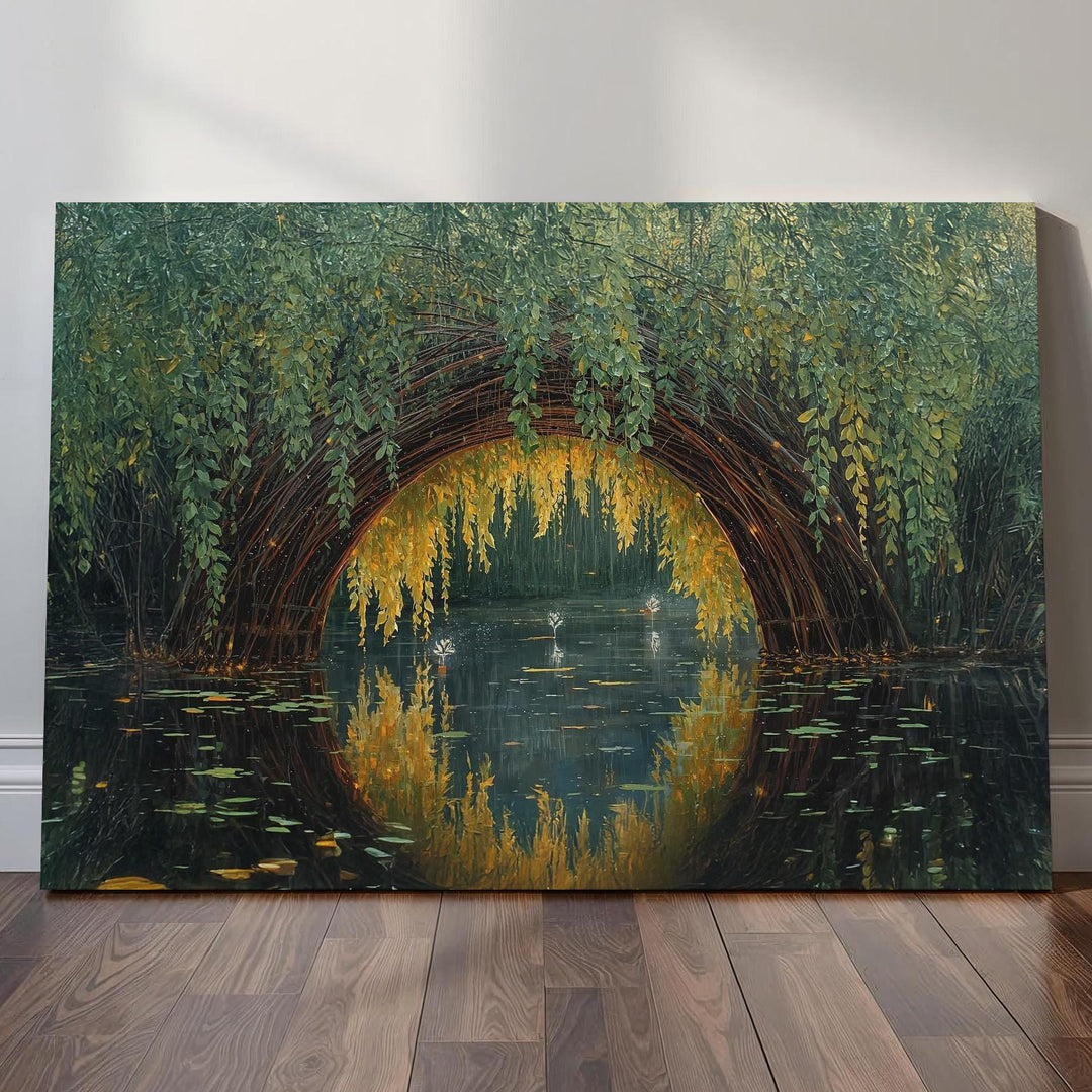 Dreamy fantasy wall art showing a woven willow arch over still water, glowing with soft light and painterly reflections in a serene magical landscape.
