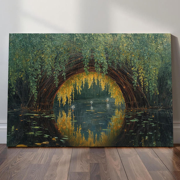 Dreamy fantasy wall art showing a woven willow arch over still water, glowing with soft light and painterly reflections in a serene magical landscape.
