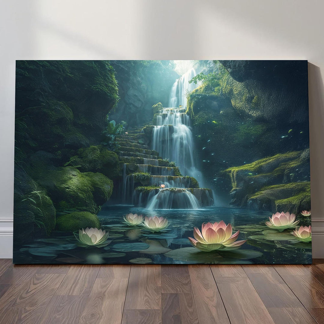 Dreamy fantasy wall art featuring a mossy waterfall stairway, cascading water, and glowing lotus flowers — a serene and magical landscape.