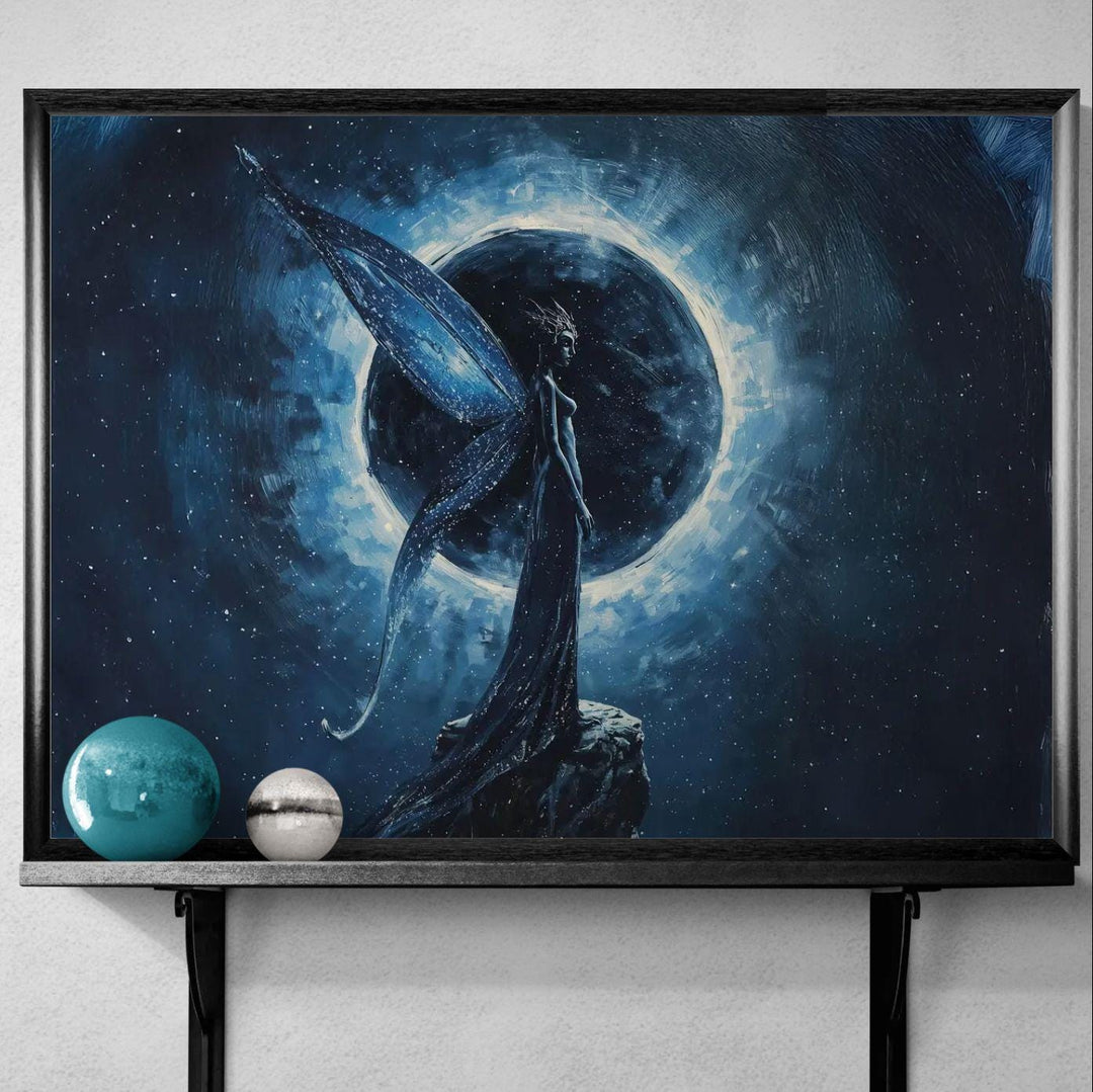 Celestial fantasy wall art featuring a moon fairy with flowing wings standing before a glowing eclipse, surrounded by deep blue cosmic textures.