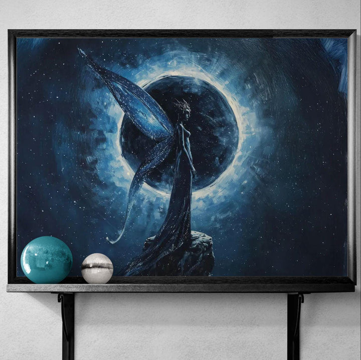 Celestial fantasy wall art featuring a moon fairy with flowing wings standing before a glowing eclipse, surrounded by deep blue cosmic textures.