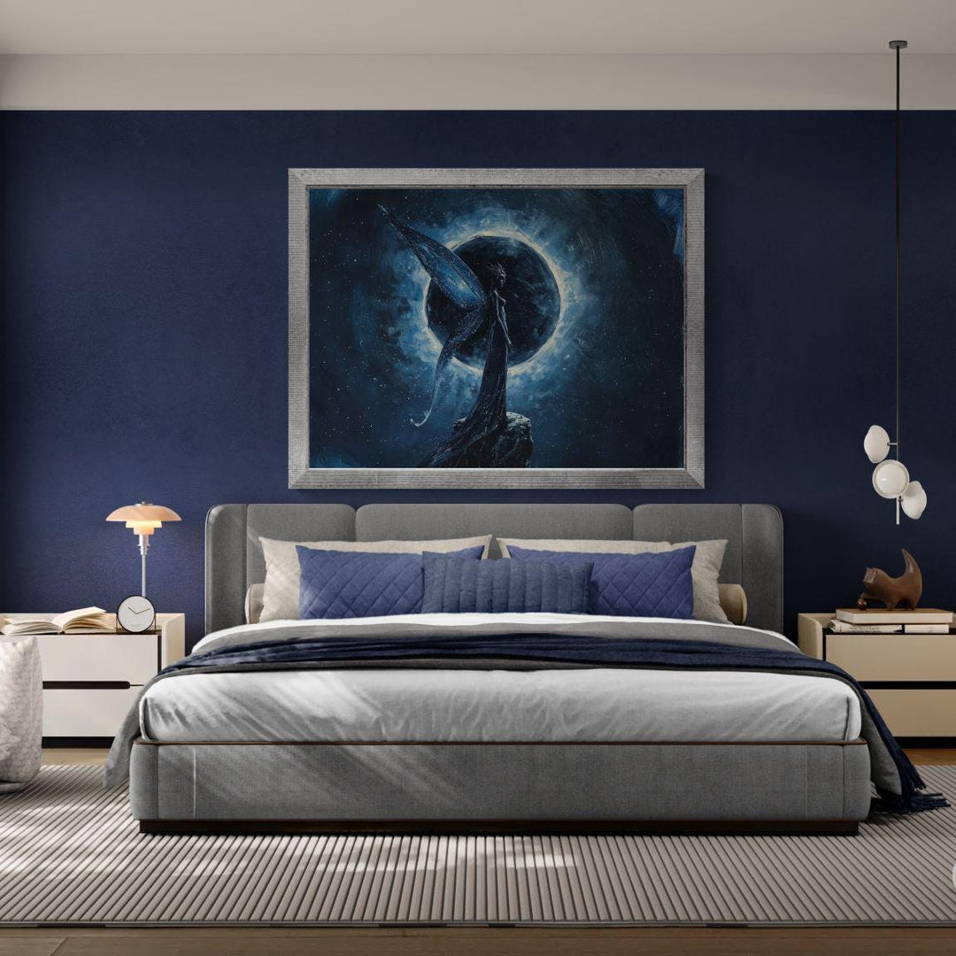 Celestial fantasy wall art featuring a moon fairy with flowing wings standing before a glowing eclipse, surrounded by deep blue cosmic textures.