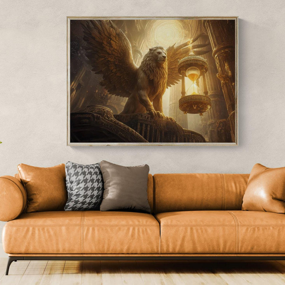 Epic mythical creature wall art featuring a powerful winged griffin guarding an ornate hourglass inside a glowing temple, symbolizing time and eternal protection