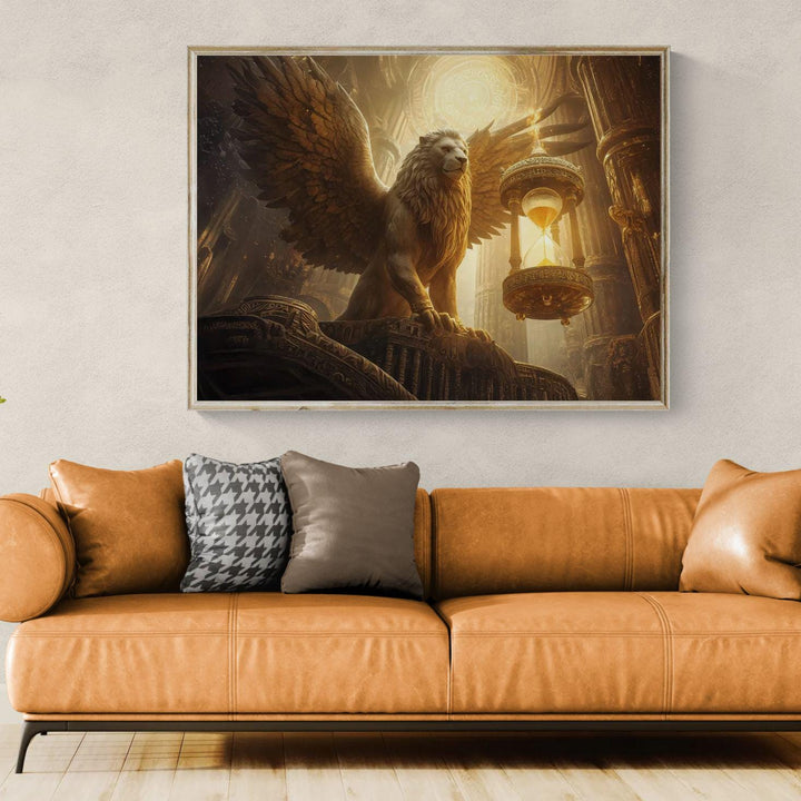 Epic mythical creature wall art featuring a powerful winged griffin guarding an ornate hourglass inside a glowing temple, symbolizing time and eternal protection