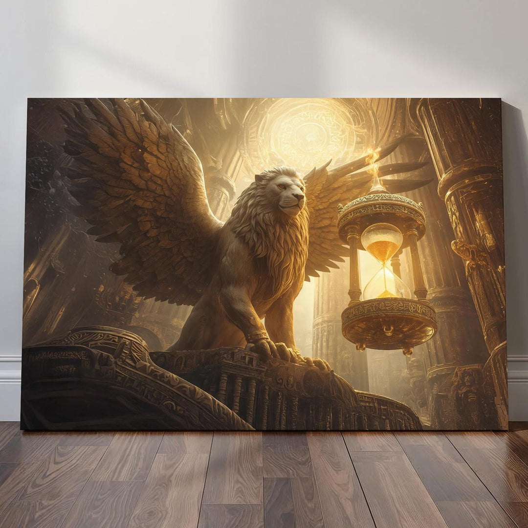 Epic mythical creature wall art featuring a powerful winged griffin guarding an ornate hourglass inside a glowing temple, symbolizing time and eternal protection