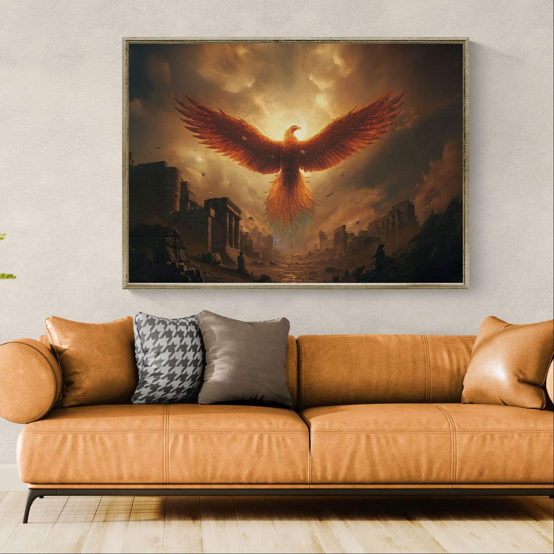 Epic mythical creature wall art featuring a fiery phoenix rising above ancient ruins, glowing with celestial fire and symbolizing rebirth, strength, and eternity