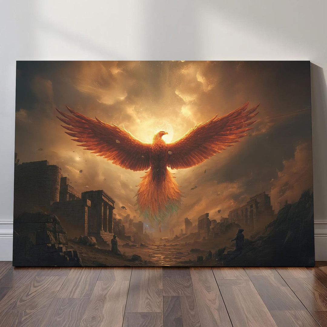 Epic mythical creature wall art featuring a fiery phoenix rising above ancient ruins, glowing with celestial fire and symbolizing rebirth, strength, and eternity