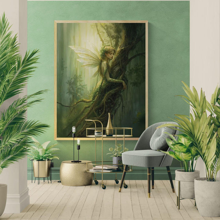 Ethereal fairy wall art featuring a delicate forest fairy entwined with ancient roots, translucent wings, and soft green light, evoking calm woodland magic and fairycore fantasy