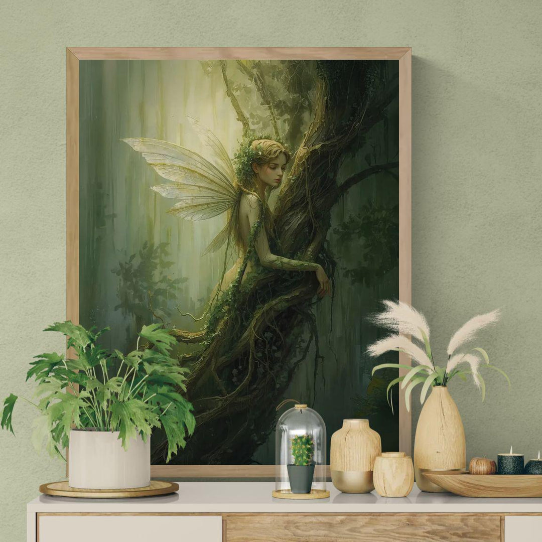 Ethereal fairy wall art featuring a delicate forest fairy entwined with ancient roots, translucent wings, and soft green light, evoking calm woodland magic and fairycore fantasy