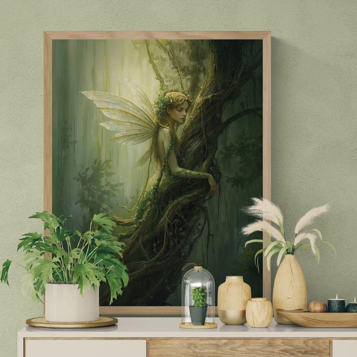 Ethereal fairy wall art featuring a delicate forest fairy entwined with ancient roots, translucent wings, and soft green light, evoking calm woodland magic and fairycore fantasy
