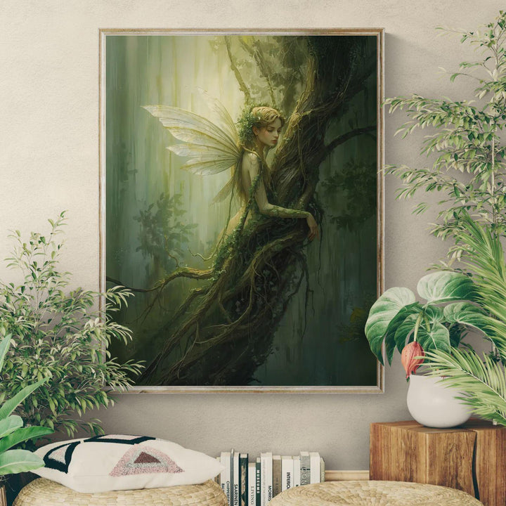 Ethereal fairy wall art featuring a delicate forest fairy entwined with ancient roots, translucent wings, and soft green light, evoking calm woodland magic and fairycore fantasy