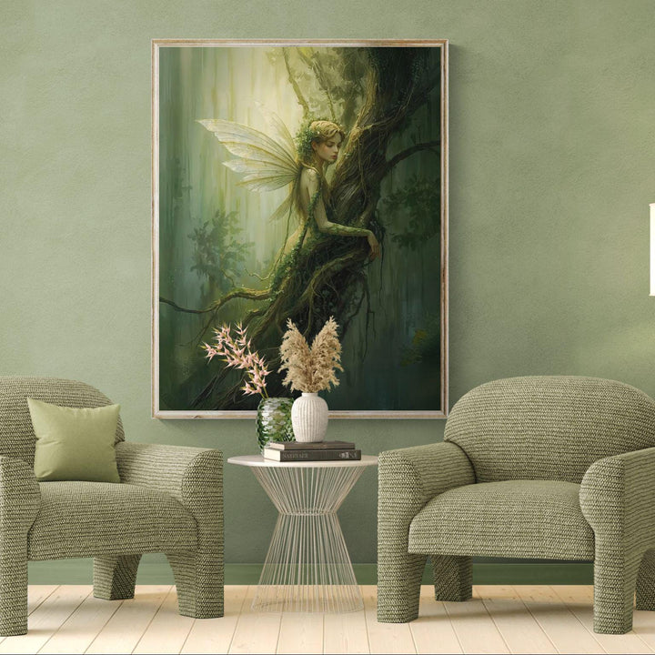 Ethereal fairy wall art featuring a delicate forest fairy entwined with ancient roots, translucent wings, and soft green light, evoking calm woodland magic and fairycore fantasy