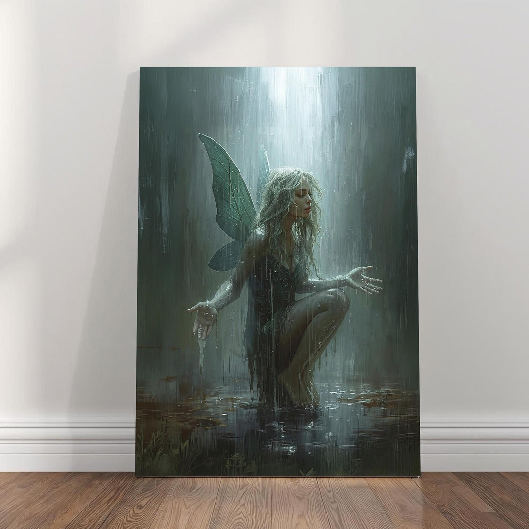 Ethereal fairy wall art featuring a delicate rain fairy kneeling beneath cascading water, with translucent wings, soft lighting, and a calm, magical atmosphere