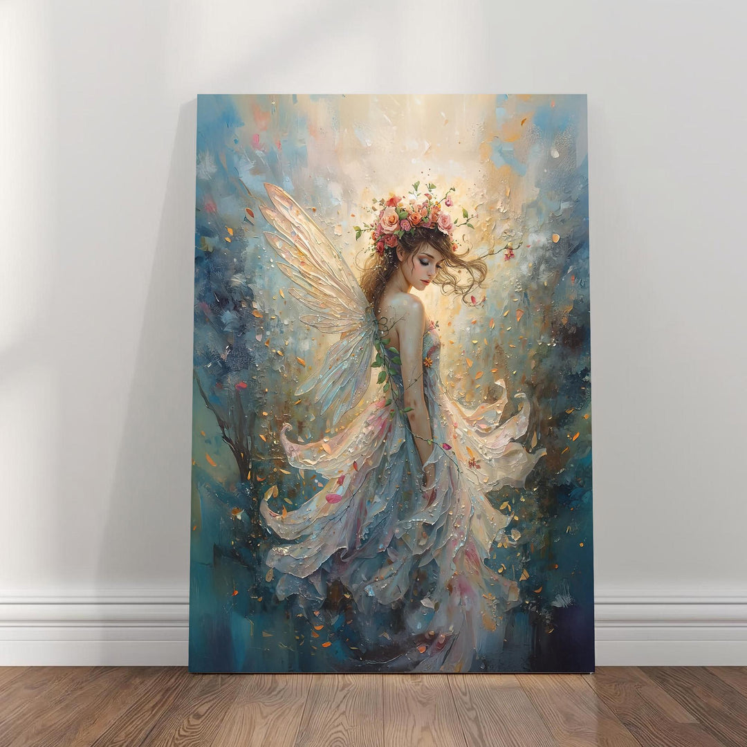 Ethereal fairy wall art showing a delicate winged fairy with a floral crown, flowing dress, and dreamy pastel fantasy background