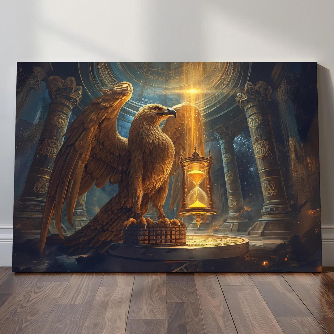A powerful golden eagle stands as a time guardian inside an ancient fantasy temple, holding a glowing hourglass surrounded by celestial symbols and dramatic light