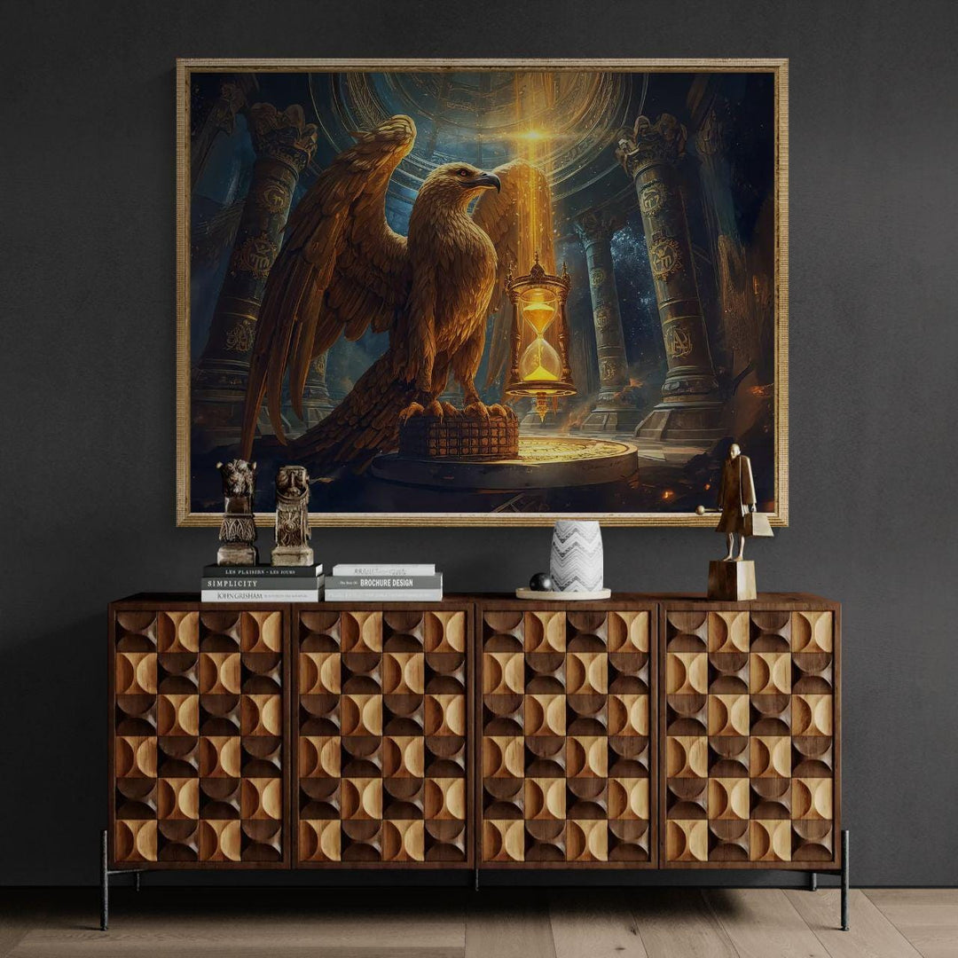 A powerful golden eagle stands as a time guardian inside an ancient fantasy temple, holding a glowing hourglass surrounded by celestial symbols and dramatic light