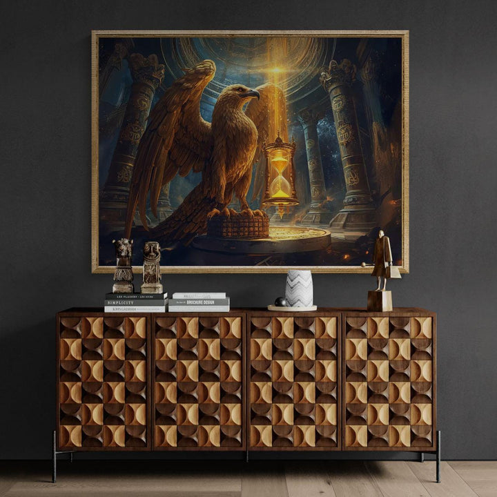 A powerful golden eagle stands as a time guardian inside an ancient fantasy temple, holding a glowing hourglass surrounded by celestial symbols and dramatic light