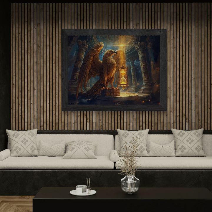 A powerful golden eagle stands as a time guardian inside an ancient fantasy temple, holding a glowing hourglass surrounded by celestial symbols and dramatic light