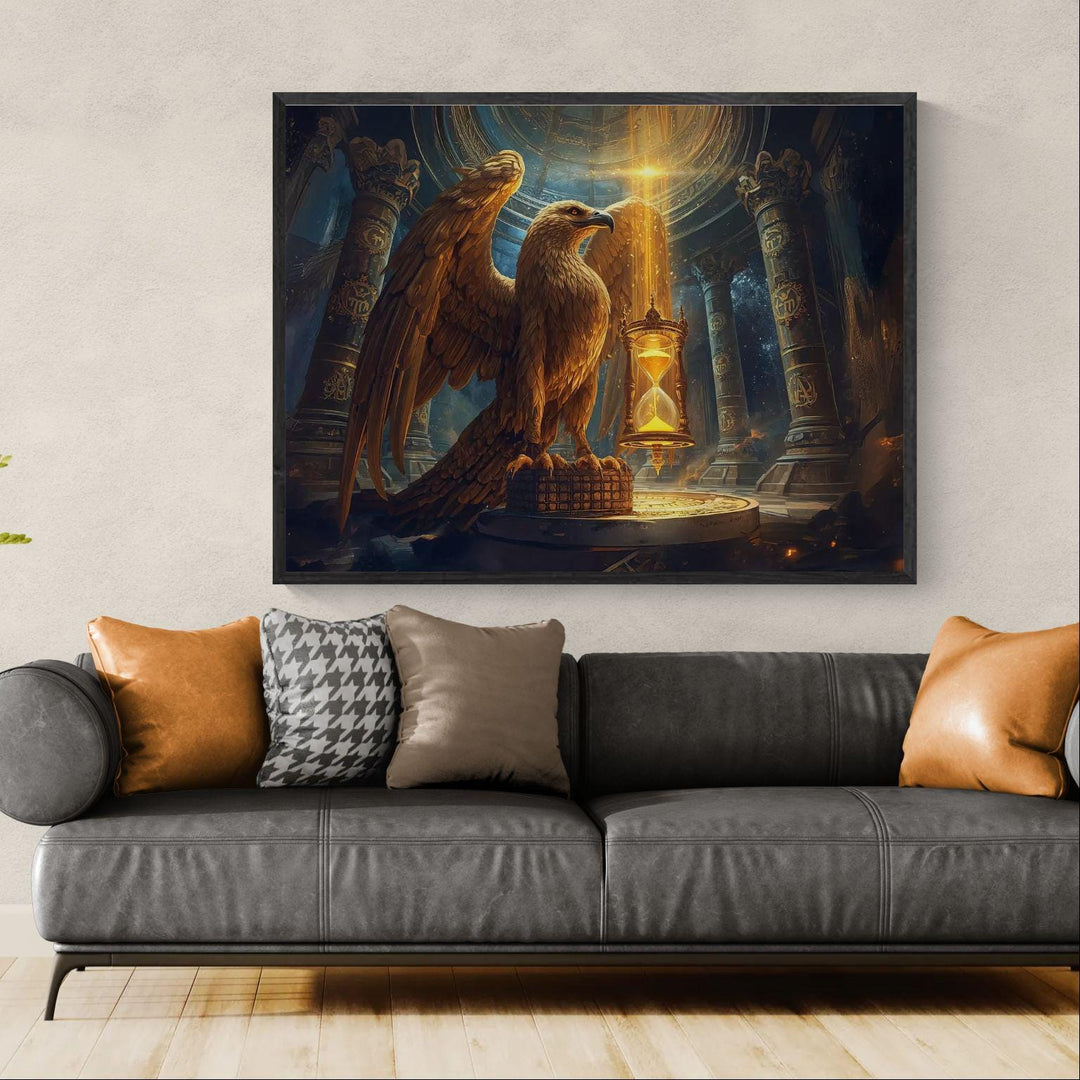 A powerful golden eagle stands as a time guardian inside an ancient fantasy temple, holding a glowing hourglass surrounded by celestial symbols and dramatic light