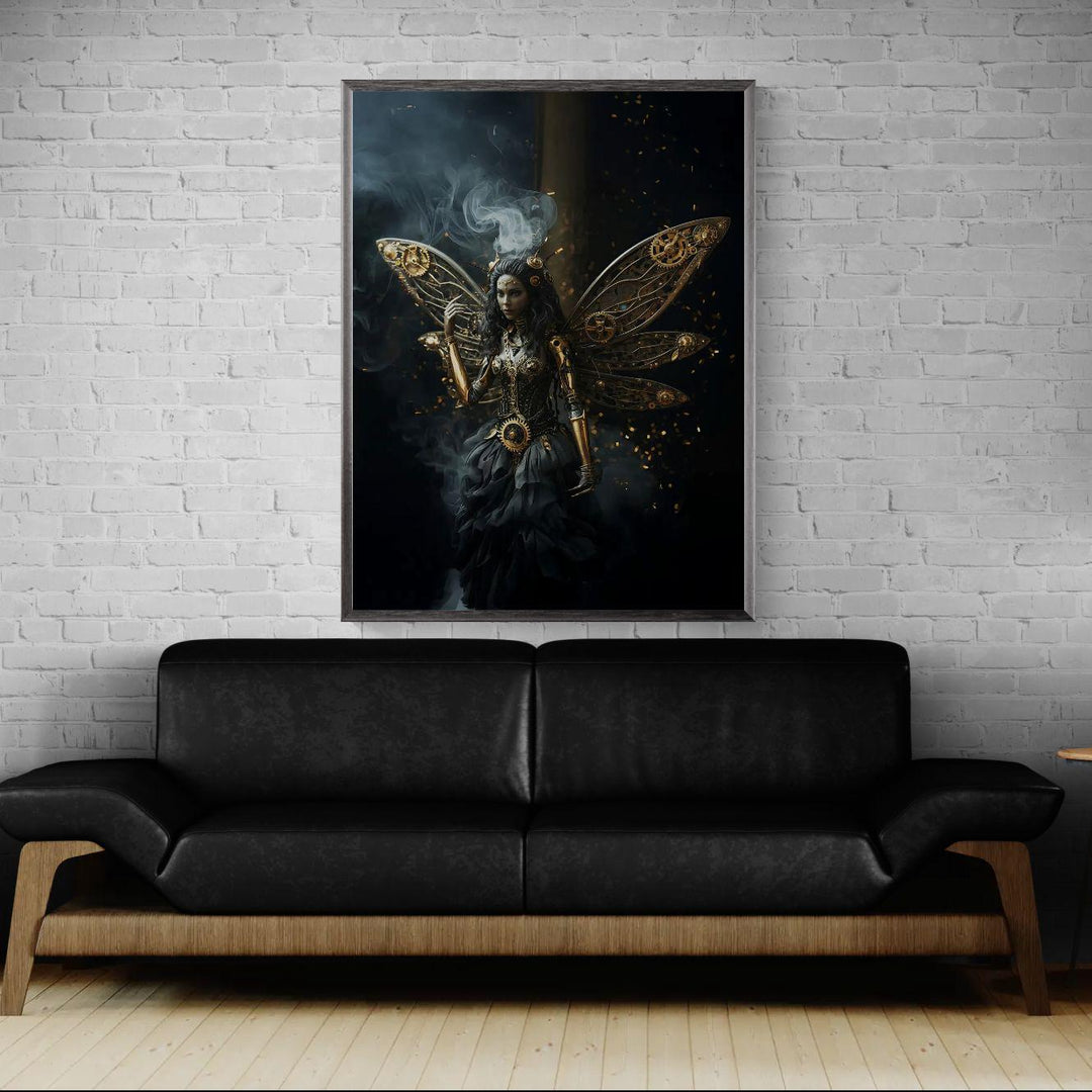 A dark steampunk fairy with intricate mechanical wings made of golden gears and brass components stands in swirling smoke, creating a powerful gothic fantasy scene