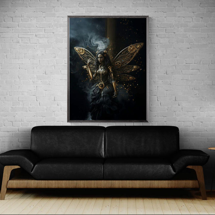 A dark steampunk fairy with intricate mechanical wings made of golden gears and brass components stands in swirling smoke, creating a powerful gothic fantasy scene