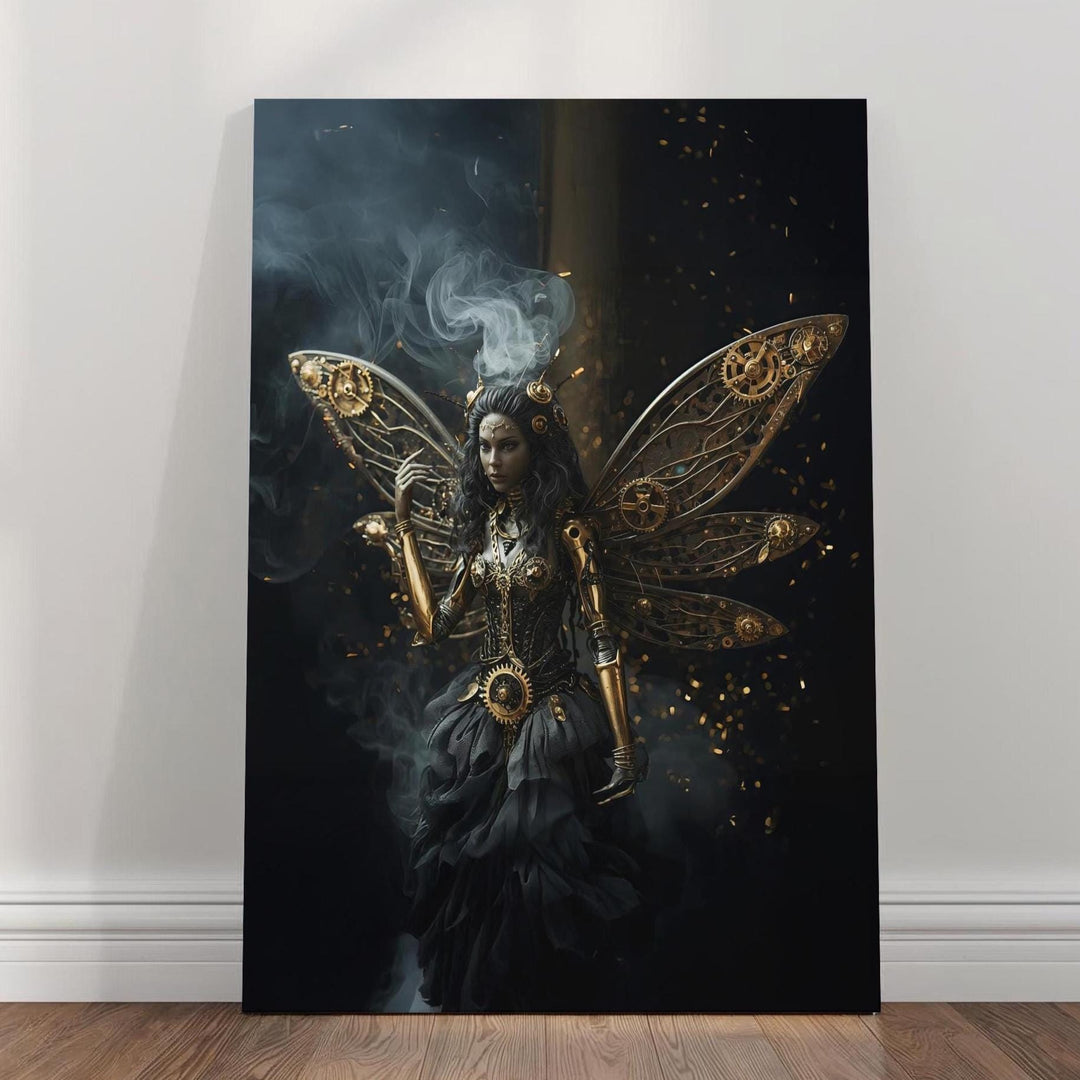 A dark steampunk fairy with intricate mechanical wings made of golden gears and brass components stands in swirling smoke, creating a powerful gothic fantasy scene