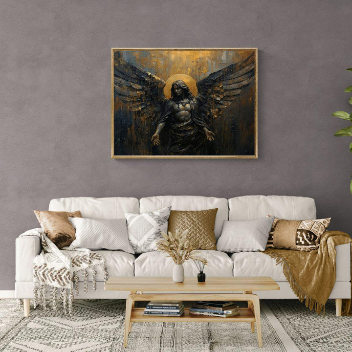 Dark archangel wall art with golden halo and black wings