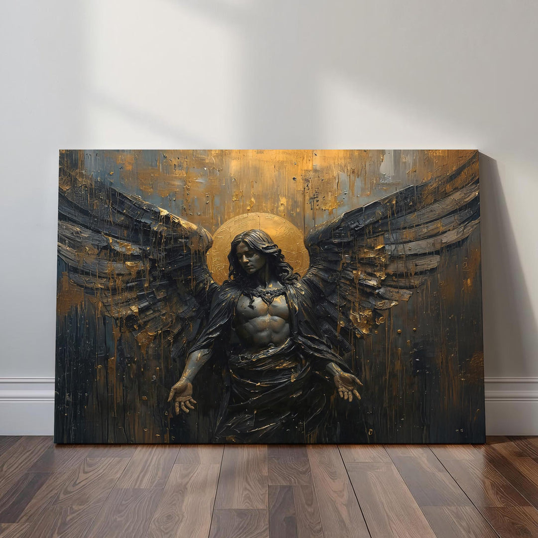 Gothic archangel wall art depicting a powerful dark angel with textured black wings, glowing golden halo, and sacred fantasy symbolism