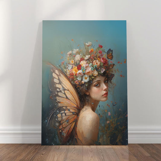 Floral butterfly fairy wall art showing a delicate winged fairy crowned with blooming flowers, soft petals, and a dreamy pastel fantasy atmosphere