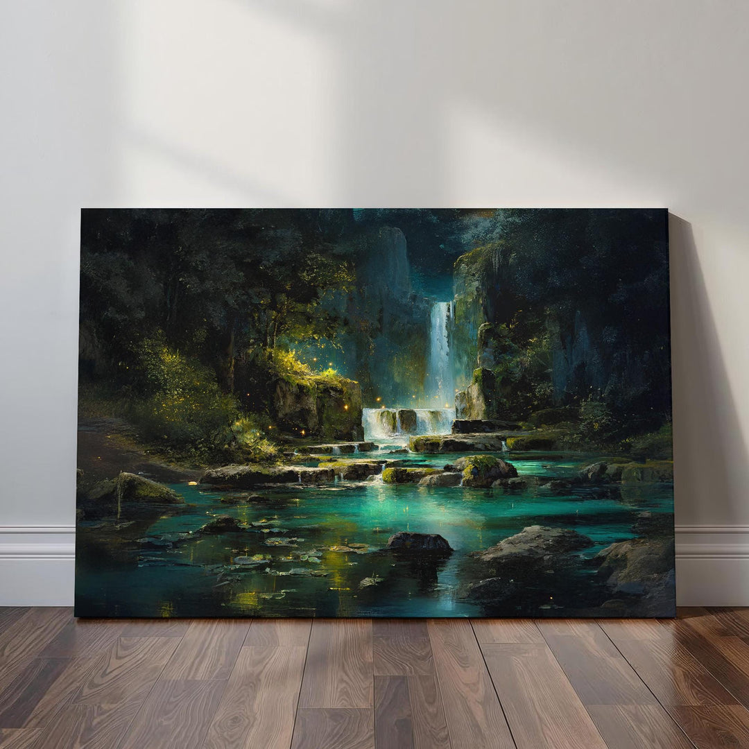 Magical forest pool art print showing a hidden woodland sanctuary with glowing water, mossy stone ruins, and a serene fantasy atmosphere