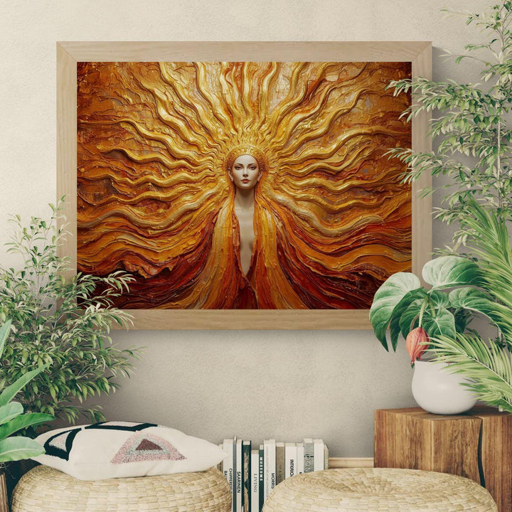 Fantasy solar goddess wall art depicting a radiant golden sun deity with flowing textures and divine celestial energy, ideal for goddess and fantasy home décor