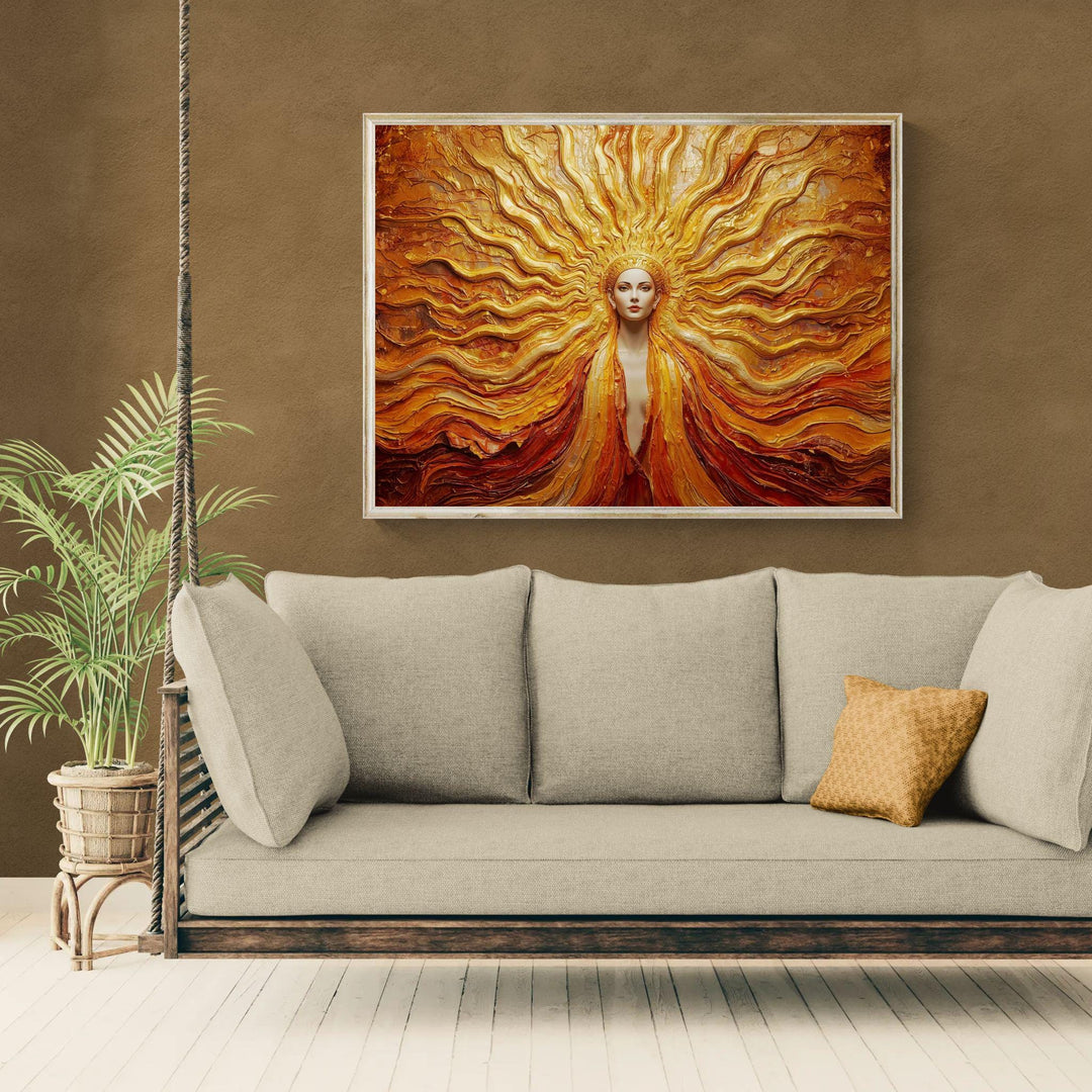Fantasy solar goddess wall art depicting a radiant golden sun deity with flowing textures and divine celestial energy, ideal for goddess and fantasy home décor