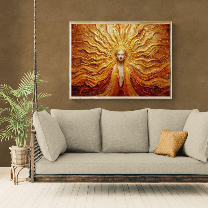 Fantasy solar goddess wall art depicting a radiant golden sun deity with flowing textures and divine celestial energy, ideal for goddess and fantasy home décor