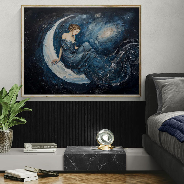 Moon goddess wall art featuring a serene celestial woman seated on a crescent moon within a star-filled night sky, perfect for fantasy and lunar home décor