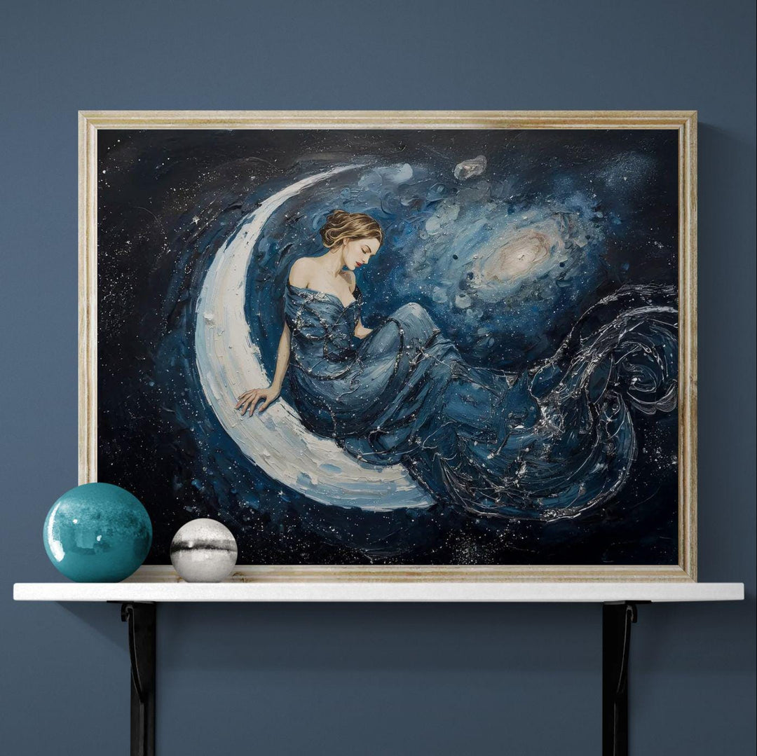 Moon goddess wall art featuring a serene celestial woman seated on a crescent moon within a star-filled night sky, perfect for fantasy and lunar home décor