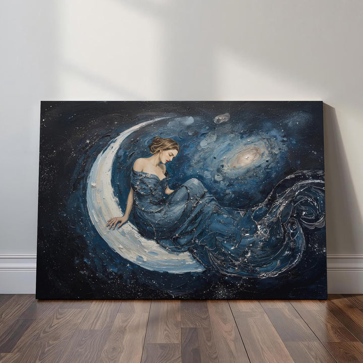 Moon goddess wall art featuring a serene celestial woman seated on a crescent moon within a star-filled night sky, perfect for fantasy and lunar home décor